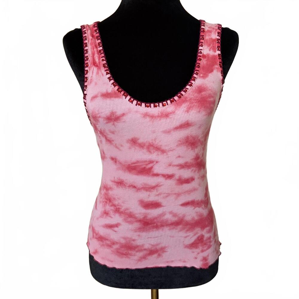 Y2K Tie Dye Crop Tank Top Rhinestone Stitched Sleeveless Red Women's Size Medium